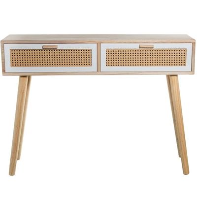 DRW Table Console d'entrée avec 2 tiroirs en Bois MDF et Osier Naturel 110 x 30 x 81 cm, 110x30x81 cm