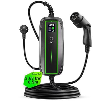 Green Cell Cavo Ricarica Auto Elettrica Tipo 2 Schuko EV Caricabatterie EV PHEV 10A / 16A 3,68kW 6,5m Display LCD Portatile Wallbox Compatible con Model 3/S/X/Y, 500e, e-208, Megane E-Tech, Q4 E-Tron