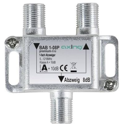 Axing 1-delad kabel-TV CATV multimedia DVB-T2 klass A+, 10 dB, 5–1218 MHz metall 8 dB metall