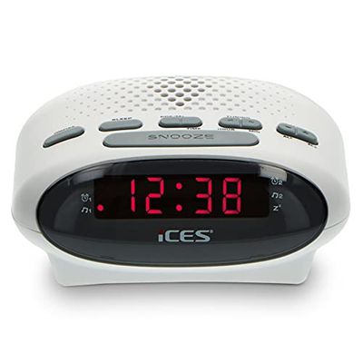 iCES ICR-210 radio reloj - radio reloj con alarma de 2 horas - PLL FM - repetición - temporizador de apagado - reserva de marcha - blanco