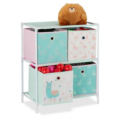 Relaxdays Etagère boîtes,Rangement de Jouets,Fillette,Lama,Meuble Chambre d'enfants,coloré HlP 62x53x30cm, Non-tissé, Fer, Plastique, 62 x 53 x 30 cm