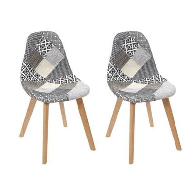 HOME DECO FACTORY HD7317 Lot de 2 Chaises Patchwork, Hetre Bois-Panneaux de Particules Textile-Polyester Rembourrage-PU, Gris, 57,8 x 47 x 86,5 cm