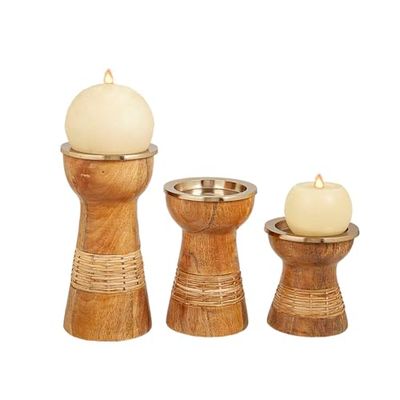 Romimex Kandelaarset, bruin, goud, hout, metaal, 10 x 10 x 10 cm, 10 x 10 x 20 cm, 10 x 10 x 16 cm, 3-delig