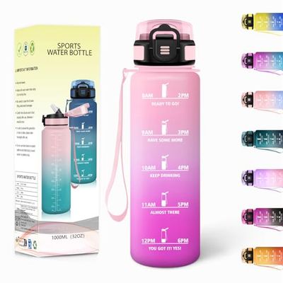 Botella Agua, 1000ML Con Paja, Botella de Agua, Cantimplora Gimnasio, Botellas Motivacional con Marcador de Tiempo, Botellas Agua Deporte, A Prueba de Fugas para Oficina, Gimnasia - Rosa claro&Rosado