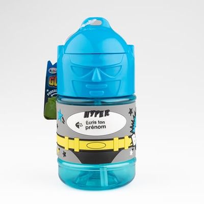 SUPER GOURDE Personalised Kids Water Bottle with Straw - Neutral Blue Boy