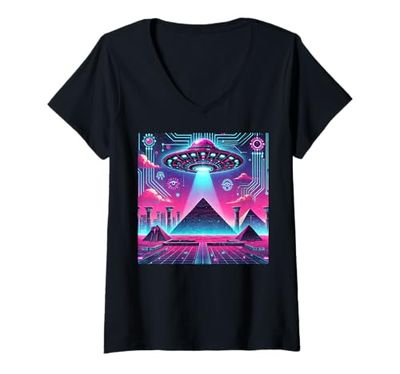 Donna Egitto UFO Città Cyberpunk Con Simboli Al Neon Grafica Maglietta con Collo a V