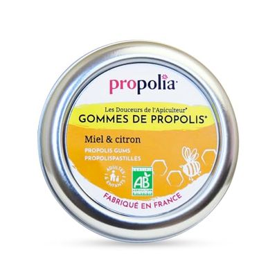 PROPOLIA - Bio - Gommes de Propolis, Miel & Citron - Apaise la gorge et rafraîchit l’haleine - Complément alimentaire - 100% naturel - Fabriqué en France - 45 g