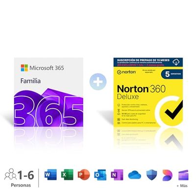 Microsoft 365 Familia│12 meses│6 personas│ Hasta 6 TB de almacenamiento Onedrive│Apps Office con IA + Norton 360 Deluxe│5 Dispositivos│15 meses│Suscripción con renovación automática