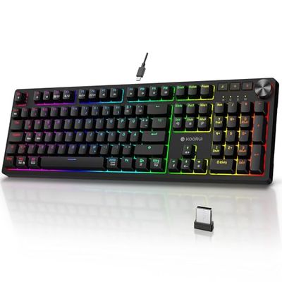 KOORUI Clavier de Jeu, Clavier mécanique sans Fil/Filaire/Bluetooth RGB Keyboard Batterie Rechargeable Full Size Touches Clavier Allemand QWERTZ pour Windows MacOS Linux Interrupteur Bleu