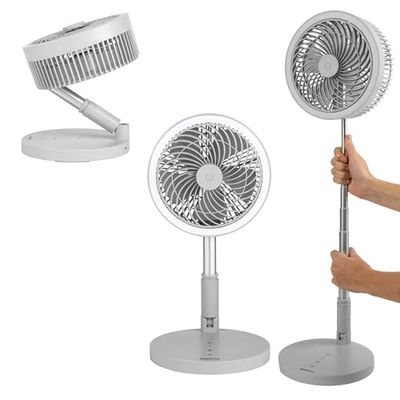 Beldray EH3413GR Cordless Foldable 3 in 1 Cooling Fan, Portable Desk Fan with LED Ring Light, Space-Saving Fan, Rechargeable Battery, 3 Speed Settings & Natural Wind Mode, Adjustable Height up to 97cm
