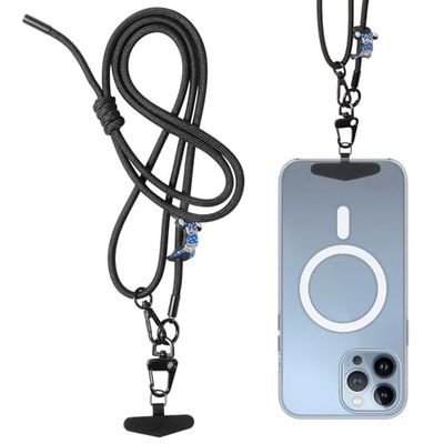 Oderra Cordon Telephone Portable, 1.5m UniverselleTour de Cou Telephone, Réglable Poignet Laniere, avec Porte-Clés, Patch, Pendentif en Silicone (Noir)
