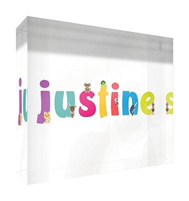 Little Helper recuerdo decorativo de acrílico transparente pulido como diamante estilo illustratif pintado con el nombre de joven Justine 14,8 x 21 x 2 cm gran