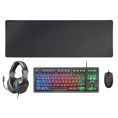 Mars Gaming MCP-RGB3, Pack Gaming Tastiera RGB + Mouse 3200 DPI + Cuffie Over-Ear + Tappetino XXL, Nero, Lingua Portoghese