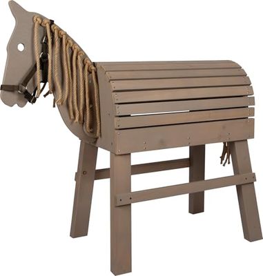 small foot houten paard grijs van hout, weerbestendig, met opbergruimte, incl. halster, springpaard met manen en staart voor buitenritten, 12693