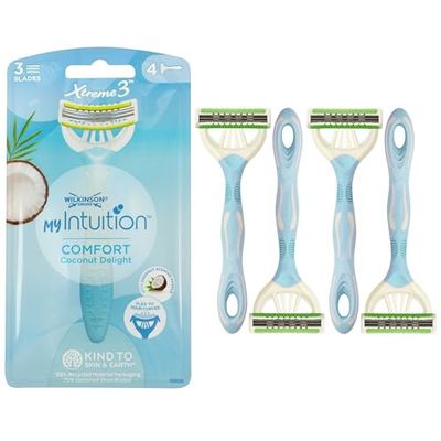 Wilkinson Sword - MyIntuition Comfort Coconut Delight Xtreme 3 - Maquinilla de afeitar desechable - Afeitadora de 3 cuchillas flexibles para mujer - Depilación cómoda con tira de lubricación - Paquete