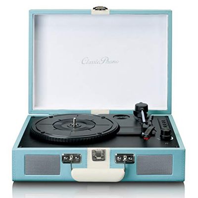 Classic Phono by Lenco TT-110 - Tocadiscos (33, 45 y 78 RPM, Bluetooth, transmisión por Correa, 2 Altavoces, Entrada Auxiliar, Salida RCA, 3,5 mm), Color Azul y Blanco