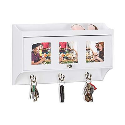 Relaxdays Wall Shelf and Coat Rack with Picture Frame, 3 Metal Hooks, Compartment, Wooden, HWD: 25x43x9 cm, White