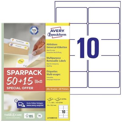 AVERY Zweckform L4744REV-65 Universal Labels (500 Plus 150 Extra Adhesive Labels, 96 x 50.8 mm on A4, Removable/Removable Without Residue, Printable, Self-Adhesive Stickers) 65 Sheets, White