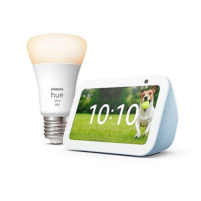 Echo Show 5 (3ª generazione) | Azzurro + Philips Hue White Lampadina LED Smart (E27), compatibile con Alexa - Kit di base per Casa Intelligente
