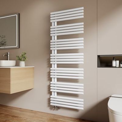 EMKE Varmvattenshanddukar för badrum, 1660 x 600 mm, runda handdukshållare, handduksvärmare med sidoanslutningar, handduksvärmare, bad, vit 1075 W