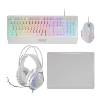Mars Gaming MCP124PRO, Combo Gaming 4in1, Tastiera RGB H-Mech con Poggiapolsi, Mouse RGB 3200DPI e Switches HUANO, Cuffie FRGB, Tappetino Nanotessile 36x26cm, Multipiattaforma, Portoghese, Bianco