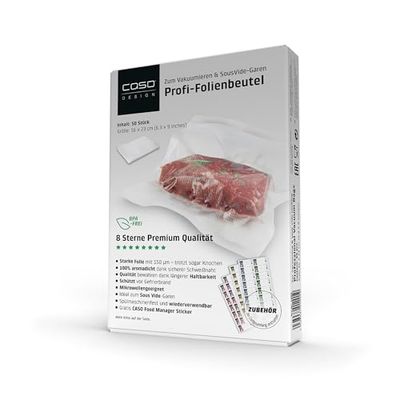 CASO professional foil bag 16x23 cm / 50 bags, for all beams vacuumer, BPA-, very strong & tearproof approx. 150µm, boil-proof, Sous Vide suitable, reusable, suitable for foil welding machines