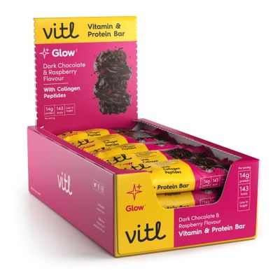 Vitl Glow Bar 15 x 40g - Dark Chocolate & Raspberry Flavour Vitamin & Protein Bar - 15g Protein with Hydrolysed Collagen Peptides & Biotin - For Thicker Hair, Stronger Nails and Glowing Skin