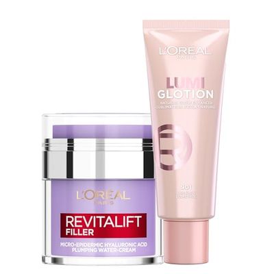 L'Oreal Paris Glow Enhancer 24h Paradise Lumi Glotion Shade 901 and Revitalift Filler Replumping Water Cream, Reduce Fine Lines Appearance and Hydrate, Glowy Skin Routine For Mum on Mothers Day