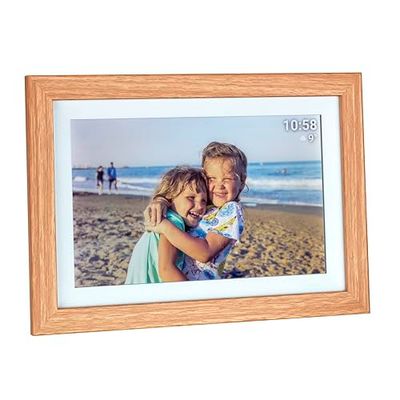 TFA Dostmann Cornice digitale WLAN da 10 pollici, 37.1002, con app FRAMEO, cornice in legno MDF, con USB e Micro SD, touch screen, per video e foto, ora attuale, marrone