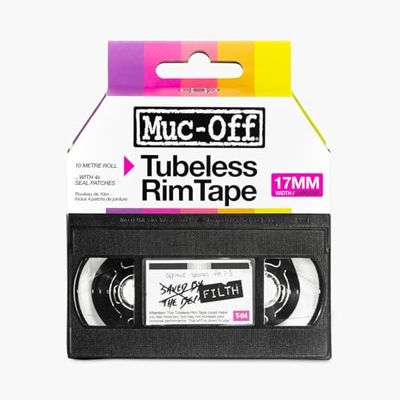 Muc-Off Tubeless Rim Tape, 17 mm - Nastro Tubeless Sensibile alla Pressione - Rotolo di Nastro per Ruote Tubeless da 10 m con 4 Pezze Riparazione Tubeless