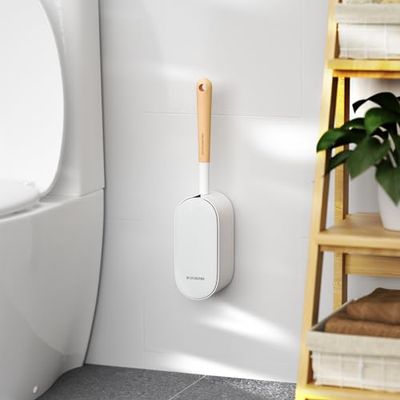 OSCIOSS - Escobilla de Inodoro de Madera, Juego de escobilla de Inodoro y Soporte con diseño ergonómico, tamaño Compacto, cerdas duraderas, Cepillo de Inodoro de bambú y Soporte para baño