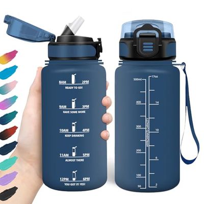 HoneyHolly Drinkfles 500 ml, BPA-vrij en lekvrij, drinkfles met rietje, herbruikbare drinkfles voor de basisschool, motiverende drinkfles voor school, fitnessstudio, kantoor, hardlopen