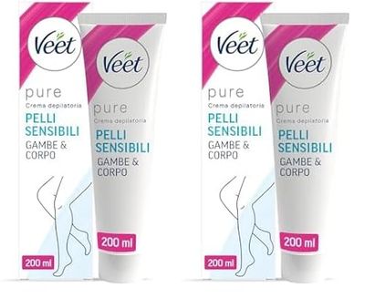Veet Pure Crema Depilatoria Gambe, Braccia, Ascelle e Zona Bikini per Pelli Sensibili, Dermatologicamente Testata, 200 ml (Confezione da 2)