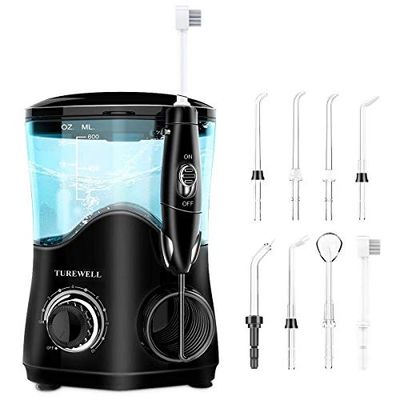 TUREWELL Hydropulseur Jet Dentaire avec 8 buses multifonctions, capacité de 600ml, 10 réglages de pression d'eau, approuvé FDA/CE Irrigateur Oral professionnel (Noir)