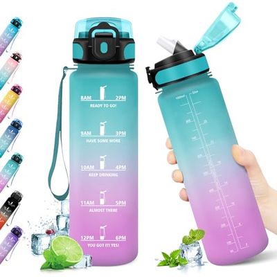 KollyKolla Borraccia 1 litro, Bottiglia Acqua con Cannuccia, a Prova di Perdite, Borraccia Palestra, Borraccia Motivazionale, Borracce per Adulto, Bambini, Sport, Scuola, Ciclismo, Gym