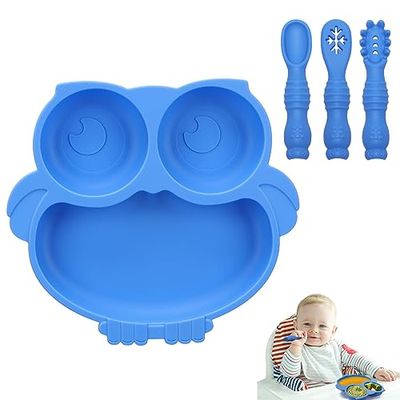 Alyvisun Owl Silicone Suction Plate for Baby, Toddler Cutlery with 3 Spoon Fork Non-Slip Weaning Bowls Feeding Divided Plates Set for High Chairs Tray (Blue)