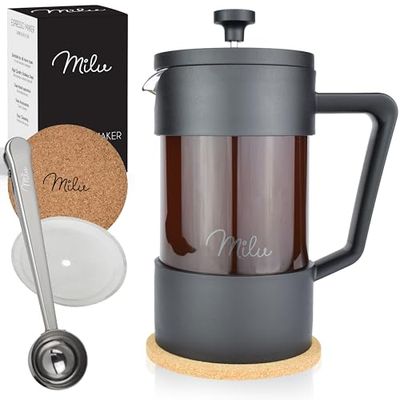 Milu Franse Koffiepers french press cafetière | 350ml 600ml 1L | Glas handmatige koffiemachine Coffee make (Zwart, 350ml (2 Kopjes)