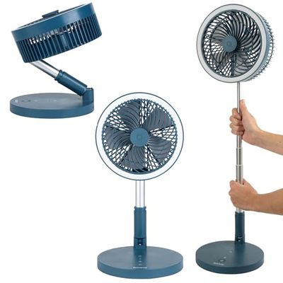 Beldray EH3413B Cooling Fan, Cordless Folding 3 In 1 Cooler, USB Rechargeable Desk/Pedestal/Wall Fan, For Home, Office, Bedroom, Adjustable Standing Room Fan, LED Ring Light, 3 Speed Settings, Blue