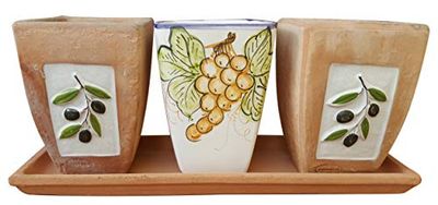 VASI IN TERRACOTTA E CERAMICA ARTISTICA (3 PEZZI) + SOTTOCASSETTA IN TERRACOTTA; FATTI E DIPINTI A MANO - PIANTINE GRASSE ODORI