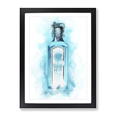 Gin Bottle Blue Modern Framed Wall Art Print, Ready to Hang Picture for Living Room Bedroom Home Office Décor, Black A4 (34 x 25 cm)