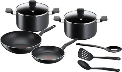 Tefal Batterie de cuisine 9 pièces, Poêle 24 cm + Wok 28 cm + Faitouts 22/24 cm + ustensiles, Pas d’induction, Revêtement antiadhésif, Poignée ergonomique, Super Cook B459S984