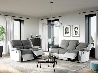 Loungitude - DETENTE - Canapé de Relaxation, Ensemble 3 + 2 Places - Manuel - en Simili/Microfibre - Gris/Blanc