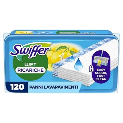 Swiffer Wet Lavapavimenti, 120 Panni Umidi, Limone, Pulizia Igienica Profonda, Rimuove Sporco e Batteri, per Tutti I Tipi di Pavimenti, Giga Formato