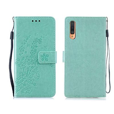 Carcasa de telefono Patrón for la Galaxia A50 Ciruelo florece la Caja del Cuero del tirón con el sostenedor y Ranuras for Tarjetas y Monedero y la Cuerda de Seguridad (Verde) Horizontal