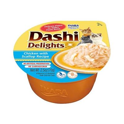 INABA Dashi Delights, Delicati Fiocchi in Brodo di Pollo con Capesante - Cibo Umido per Gatti con Brodo Dashi - Snack per Gatti Ricco di Proteine, Ingredienti Naturali - Pasto Complementare - 1 x 70gr