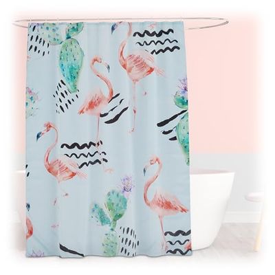 Relaxdays Shower Curtain, Flamingos, 180 x 200 cm, Mould Resistant, Washable, 12 Rings, for Bathtub, Multicoloured, Polyester