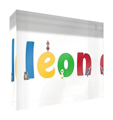 Little Helper Souvenir Décoratif en Acrylique Transparent Poli comme Diamant Style Illustratif Coloré avec le Nom de Jeune Garçon Leon 7,4 x 10,5 x 2 cm Petit