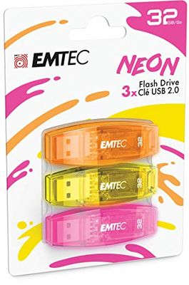 EMTEC C410 USB 2.0 Flash Drive 32 GB Read 5 Mb/S Write 15 Mb/S Compatible with USB 2.0 USB 3.0 Transparent Fluorescent Neon with Cap Pack of 3