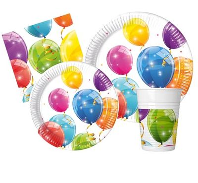 Party Tableware Set Sparkling Balloons for 8 people (44 pcs: 8 plates Ø23cm, 8 plates Ø20cm, 8 cups 200ml, 20 napkins 33x33cm) in FSC paper