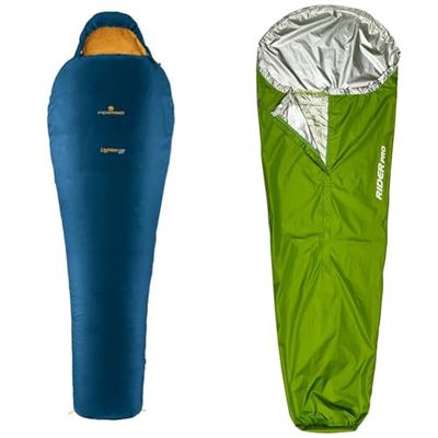 Ferrino, Sacco Lightec, Sacco a Pelo, Unisex adulto, Blu, 1100g & Rider, Sacco da bivacco Verde, 230x80x50 cm